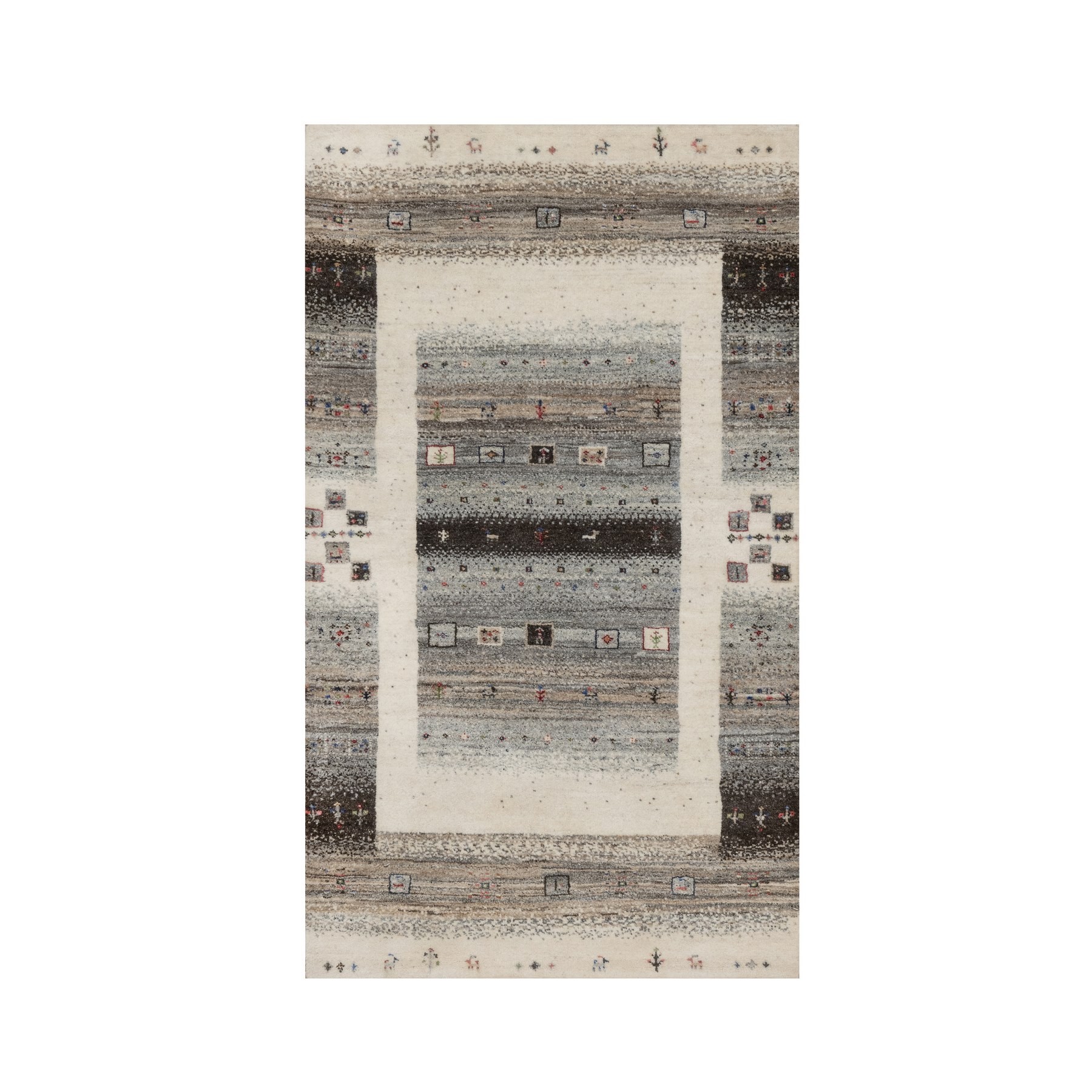Whisper White, Lori Buft Gabbeh with Small Animal and Human Figurines, Thick and Plush, Modern, Pure Wool, Hand Knotted, Oriental Rug